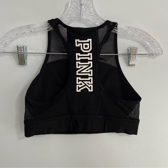 PINK Victoria’s Secret Haut Court Crop Racerback Mesh Logo Sports Bra Black XS - Picture 3 of 13